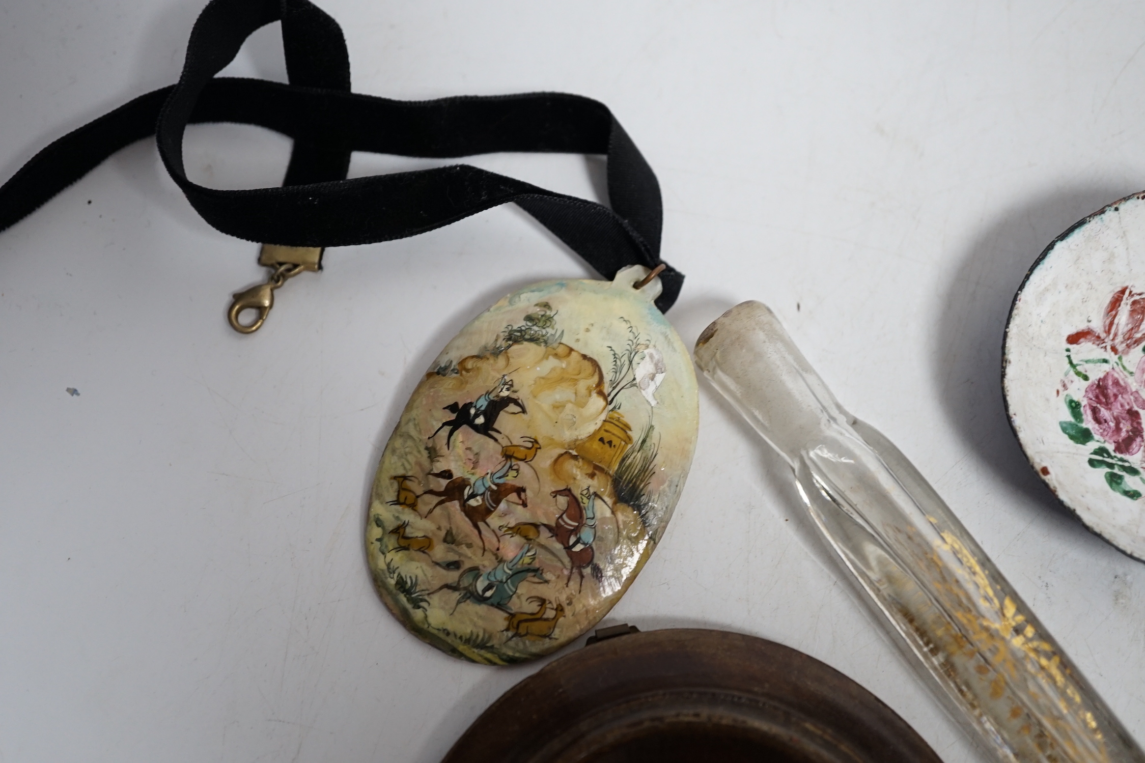 A collection of scent bottles, a miniature antiquity vessel and a miniature of a lady